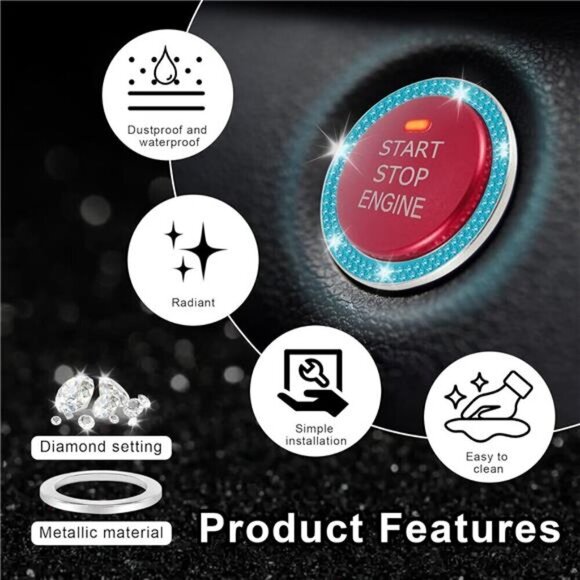 Car Start Button Bling Rhinestone Diamond Engine Button Ring 2-Pack Double Cyan - Picture 5 of 7